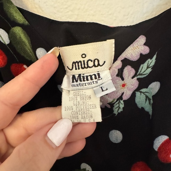 VTG Mica Mimi Maternity Y2K Cherry Floral Midi Dress Ruffle Large Black EUC - Picture 6 of 9